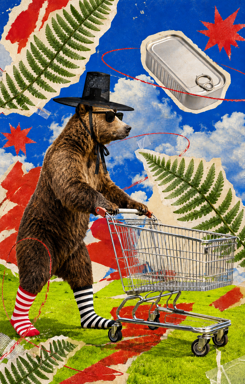 A bear in a Korean gat, black sunglasses and mismatched striped socks pushing a shopping cart across a surreal landscape