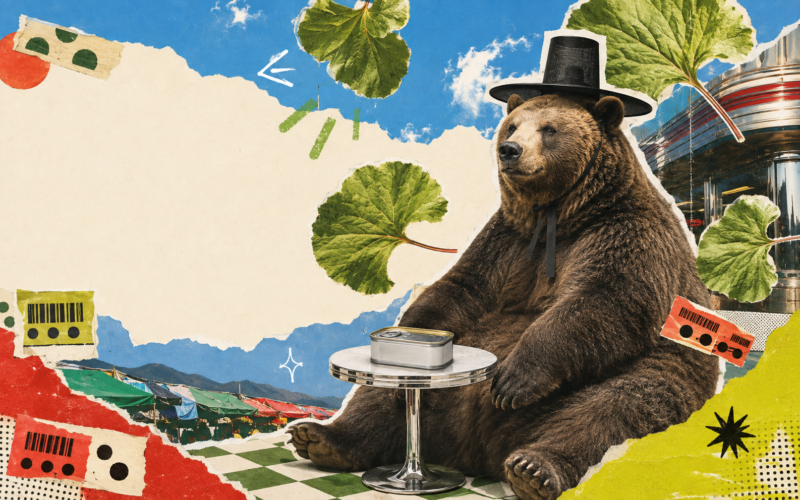 A surreal collage of a bear in a Korean gat sitting beside canned greens and floating leaves