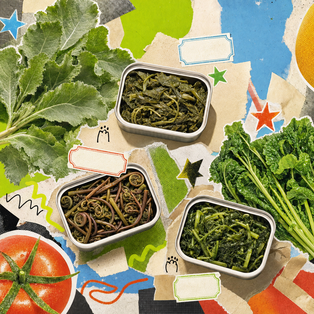Three open tins of gondre, gosari and siraegi in a colorful collage